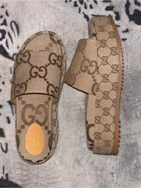 Gucci Beige Brown GG Canvas Platform Slides